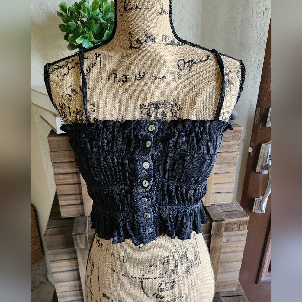 POL Black Button-Up Smocked Crop Top
